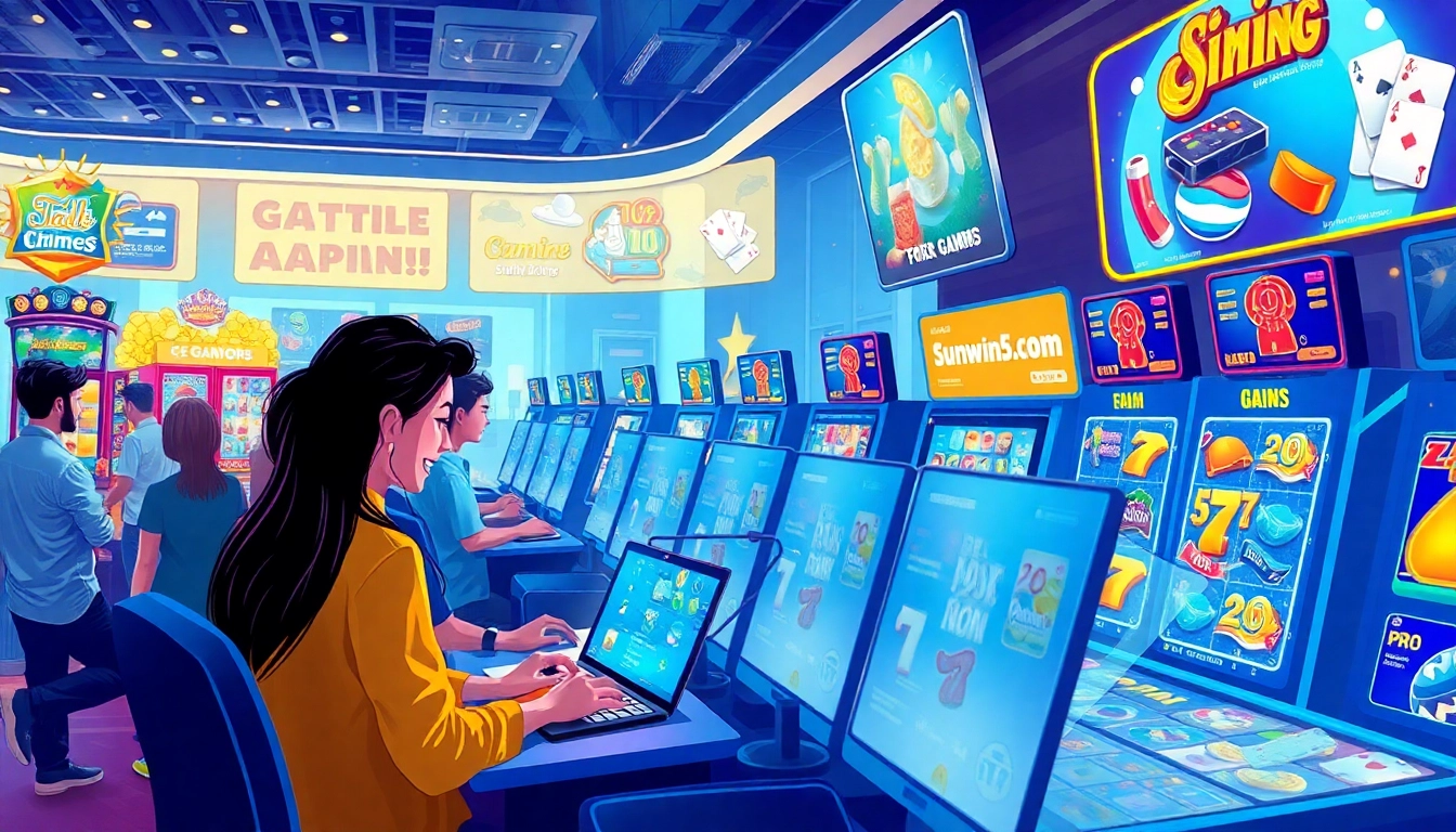 Exciting online gaming atmosphere at https://sunwin5.com/ featuring diverse players and vibrant game graphics.