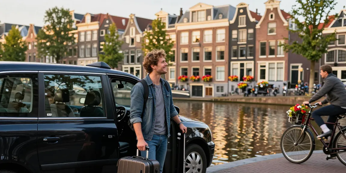Taxi Amsterdam scene with a traveler by a canal, capturing vibrant city life.