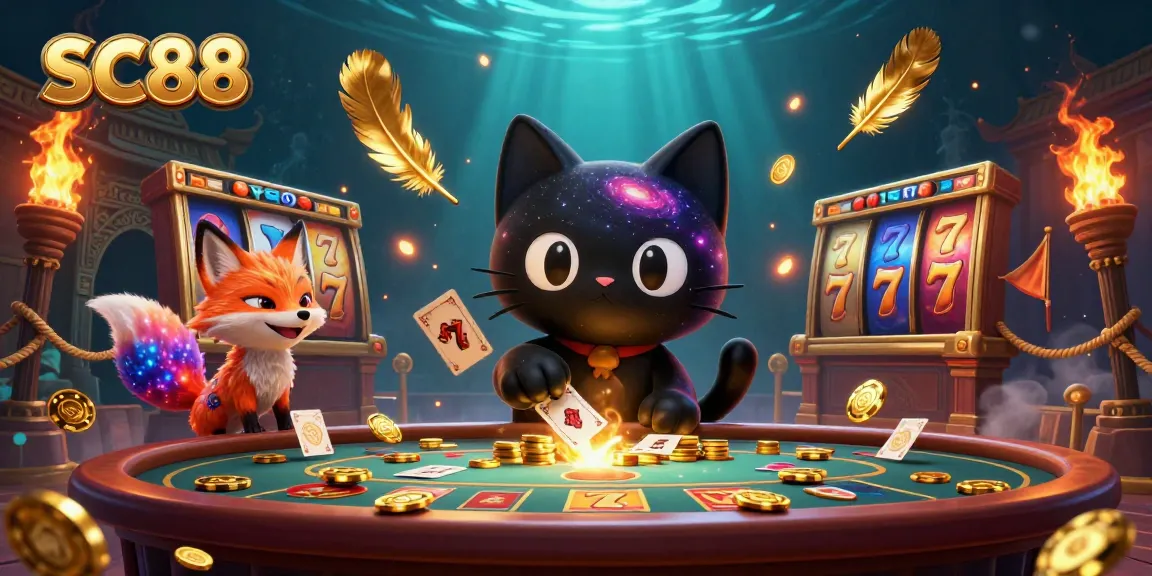 Engage with SC88 as the black hole cat draws in golden chips and cards in a cosmic casino.