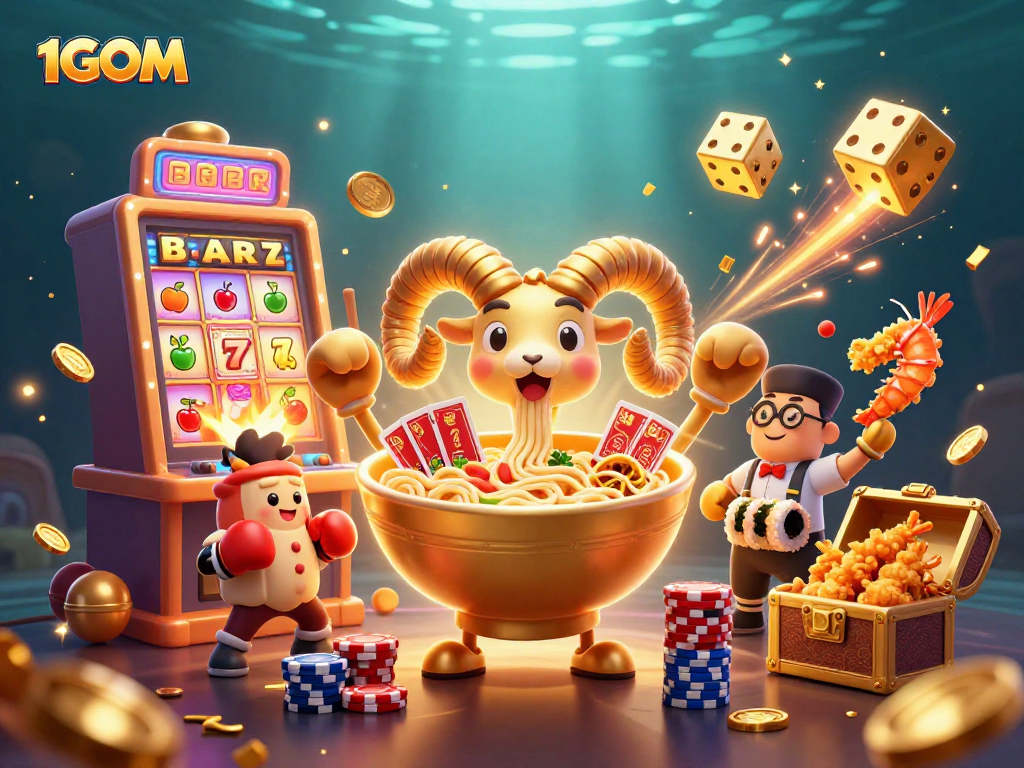 Experience the fun at 1GOM with the vibrant scene of a golden ramen bowl and casino excitement.