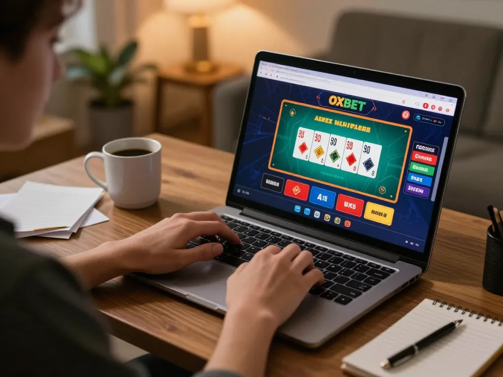Player engaging with OXBET casino games on a laptop during home gaming session.
