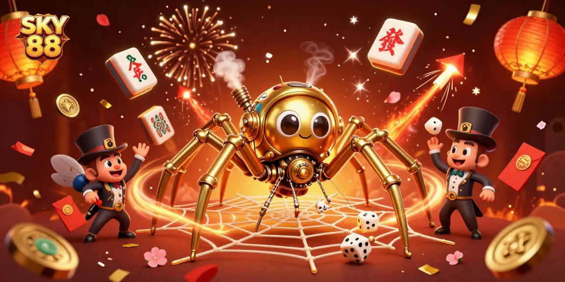 Catch exciting moments at SKY 88 with steampunk characters wrapped in a vibrant casino web.