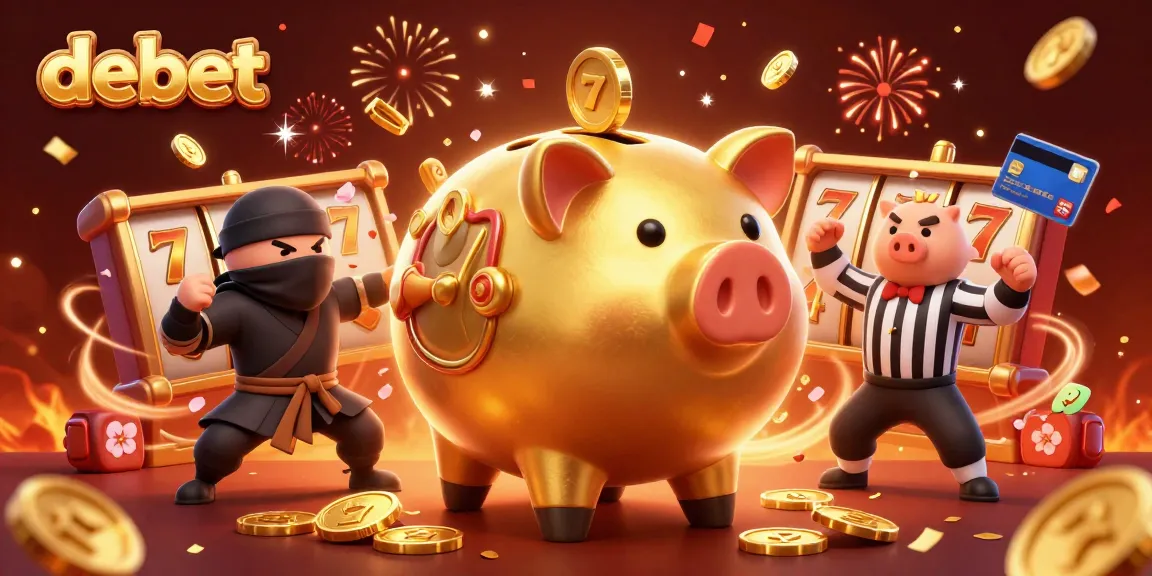 Experience dynamic excitement at debet with a golden piggy bank sumo wrestler amidst dazzling slot games.