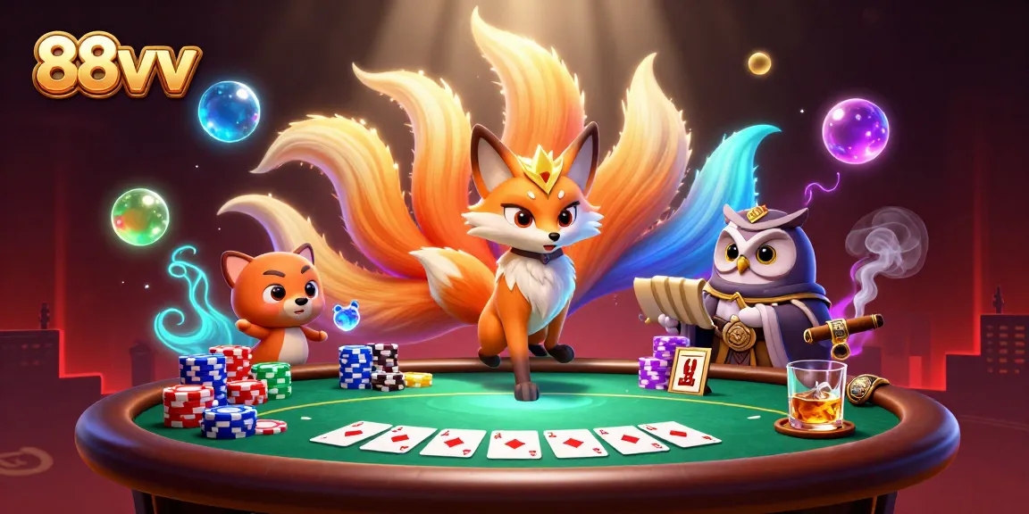 Engage with 88vv, experiencing vibrant colors and dynamic poker elements in a lively casino scene.