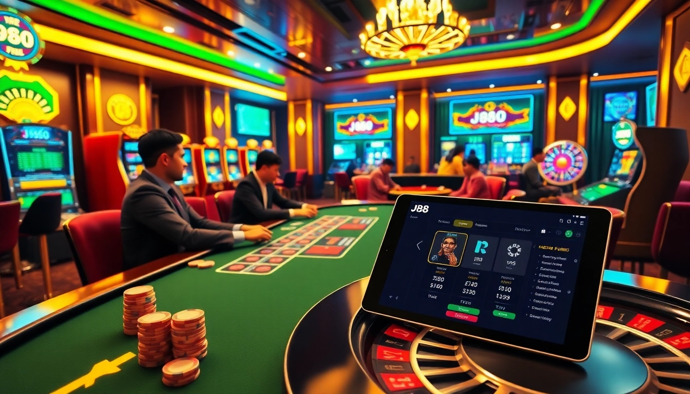 Players engaging in a high-stakes poker game at J88 casino, surrounded by vibrant casino elements.