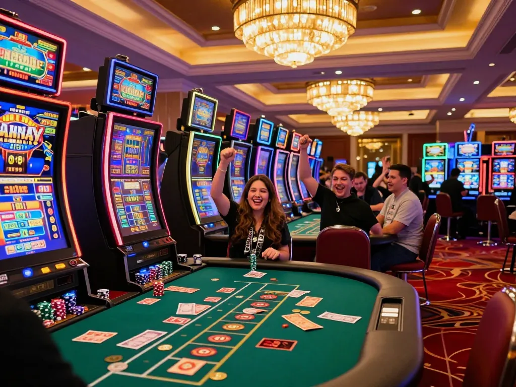 Players enjoying thrilling wins at KP88 casino with vibrant slot machines in a luxurious setting