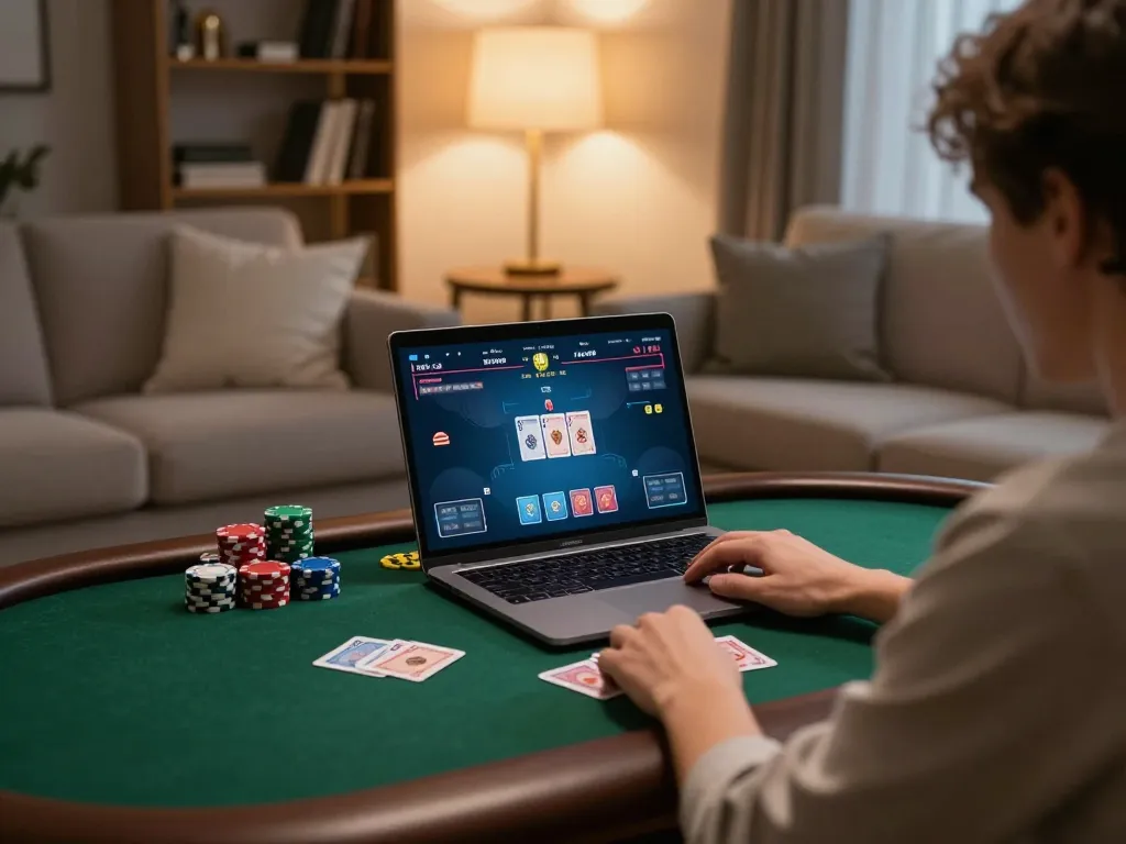 Lode88vi player engaged in poker game from home, showcasing a comfortable gaming environment.