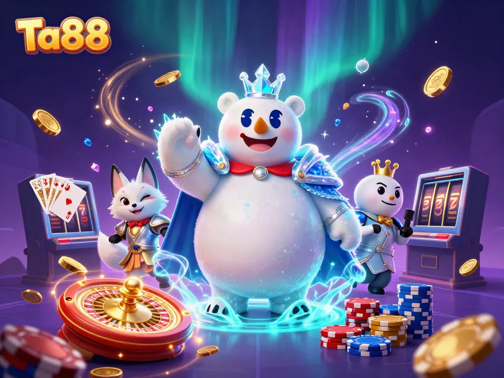 Bet on Ta88 with the ice king polar bear and snow fox amidst golden coins and vibrant casino elements.