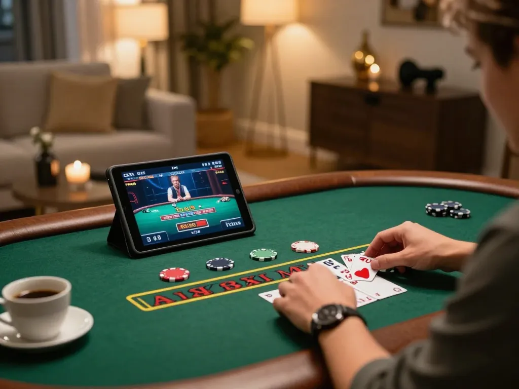 Player fully engaged in a live dealer blackjack game on 23wincom, showcasing strategic online gambling.
