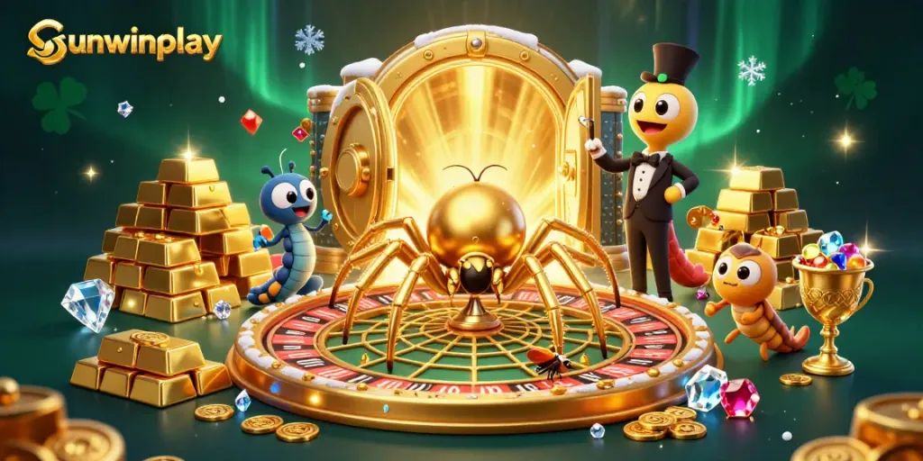 Experience thrilling bets with sunwinplay in a vibrant casino scene featuring a golden spider and treasures.