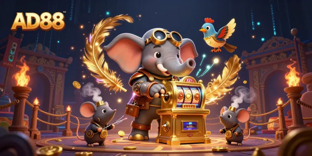 Experience the thrill of AD88 with a steampunk elephant at a golden slot machine, amidst vivid gambling elements.