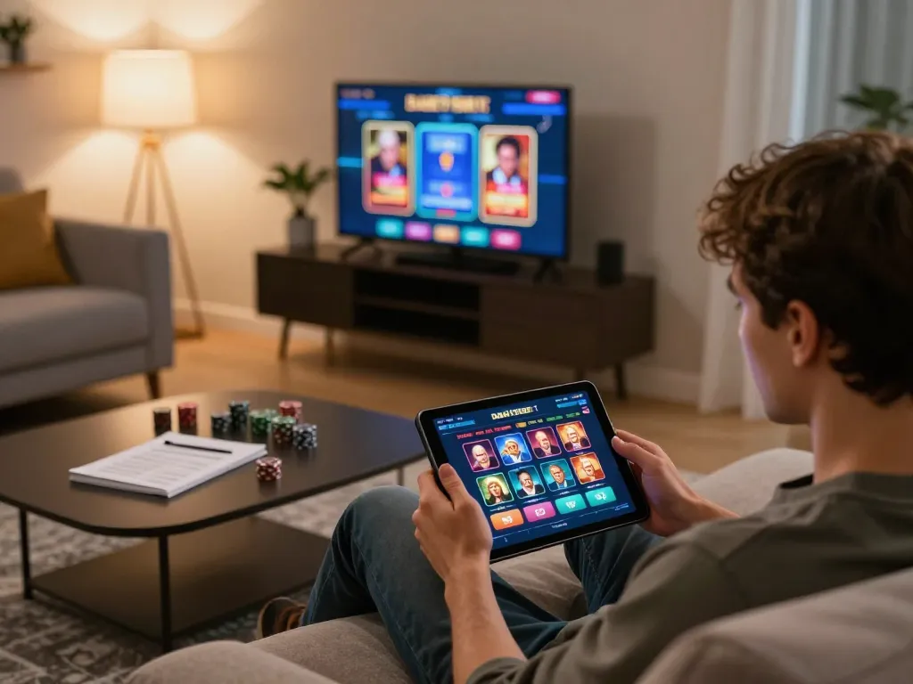 Dabet online gaming session at home, player engaged using tablet for gambling