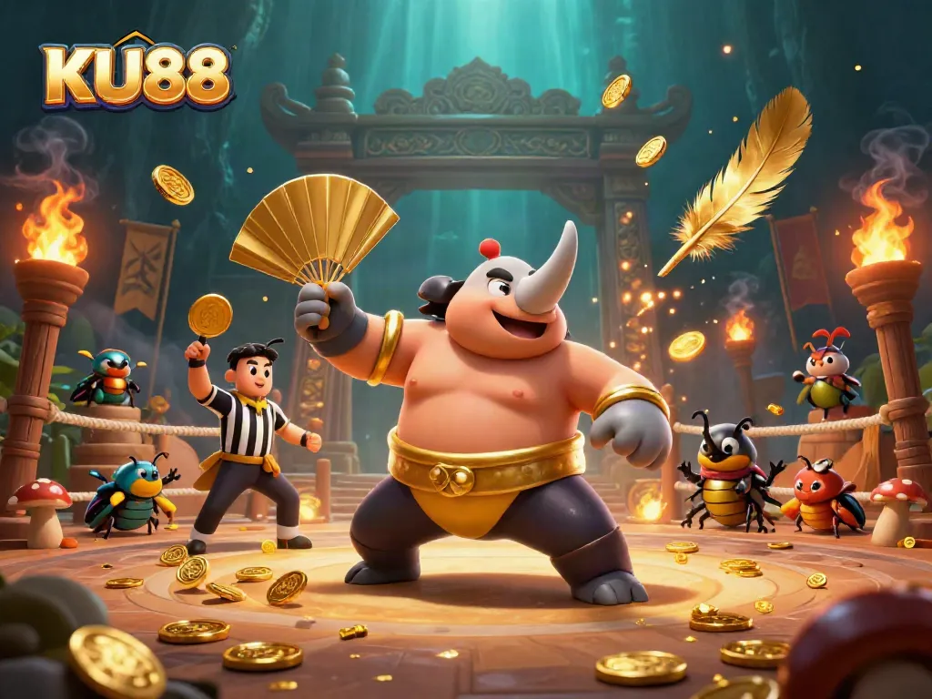 KU88 casino features an exciting sumo beetle champion sending gold coins flying in an electrifying gaming atmosphere.