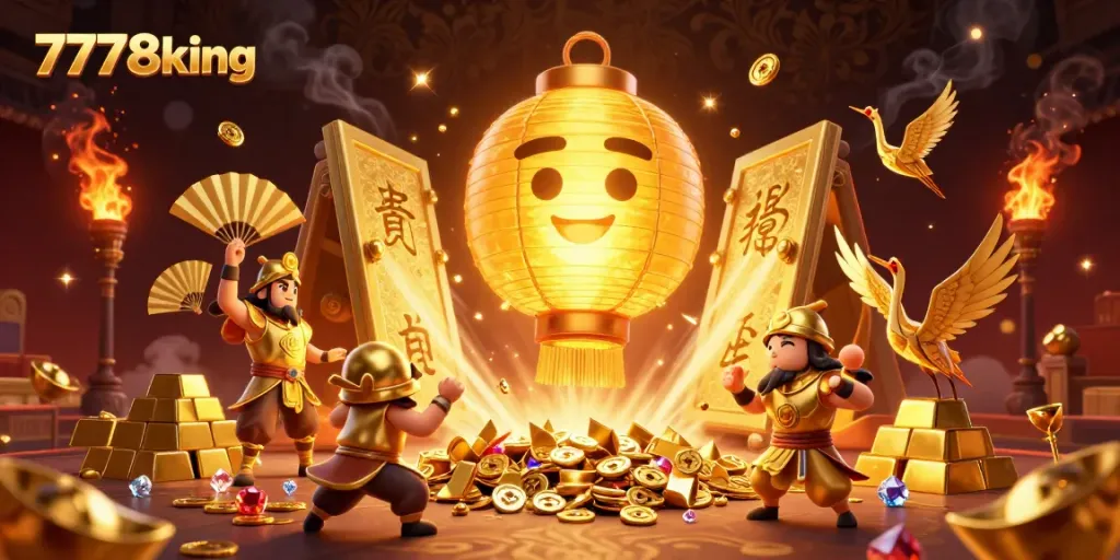 7778king showcases a vivid 3D scene with golden lantern spirits and treasure elements in a night market casino.