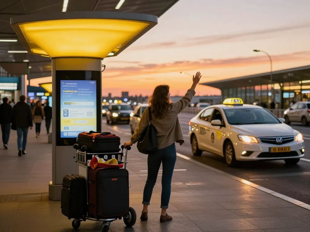 Taxi Schiphol scène op Amsterdam Airport met een reiziger die om een rit vraagt.