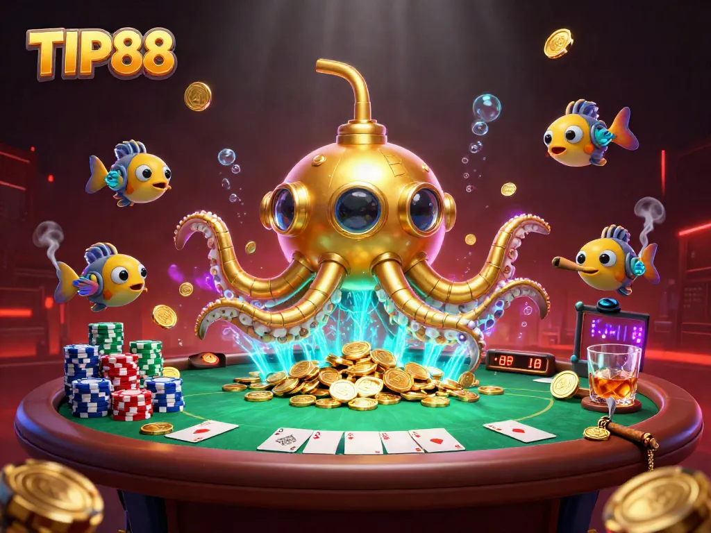 Experience winning with TIP88, a vibrant 3D casino scene featuring a golden kraken submarine amidst poker elements.
