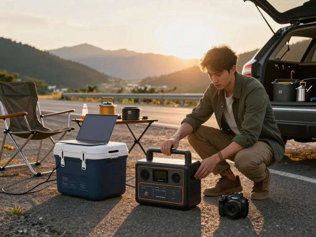 Reiziger die een omvormer gebruikt om een laptop en koelbox van stroom te voorzien tijdens het kamperen in de buitenlucht