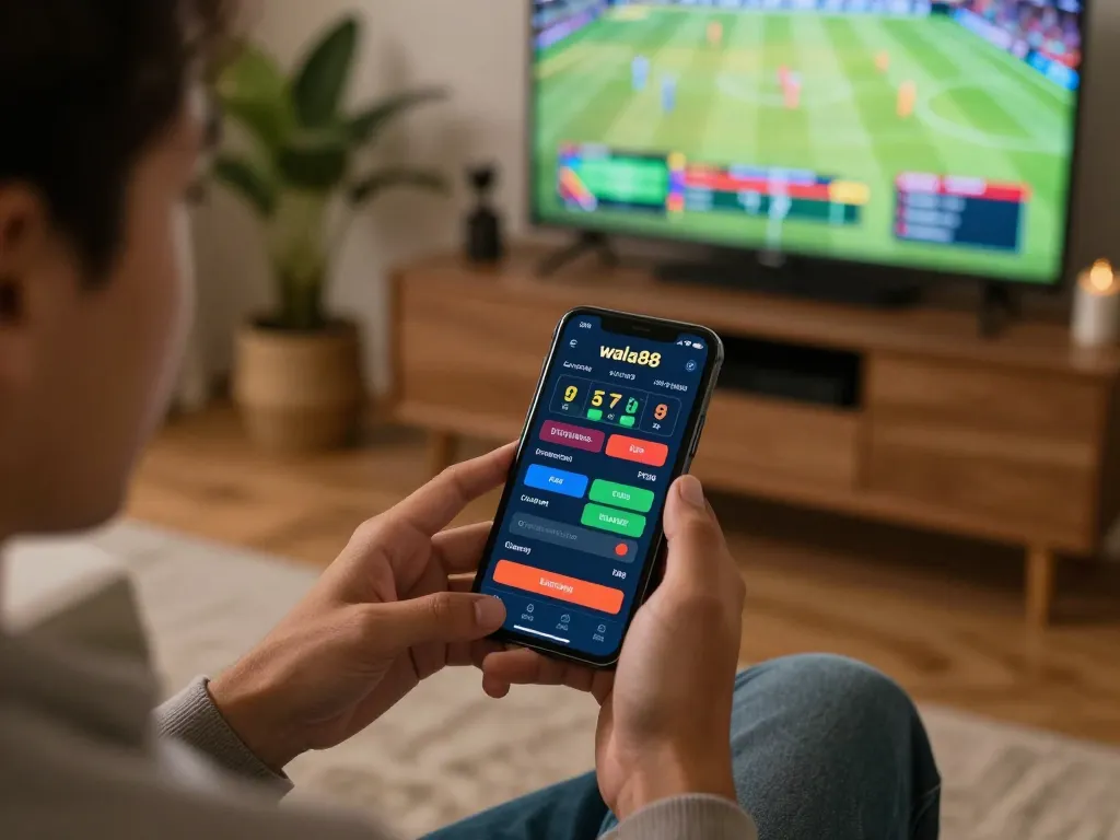 Engaging bet placement on wala88 app during live sports event at home.
