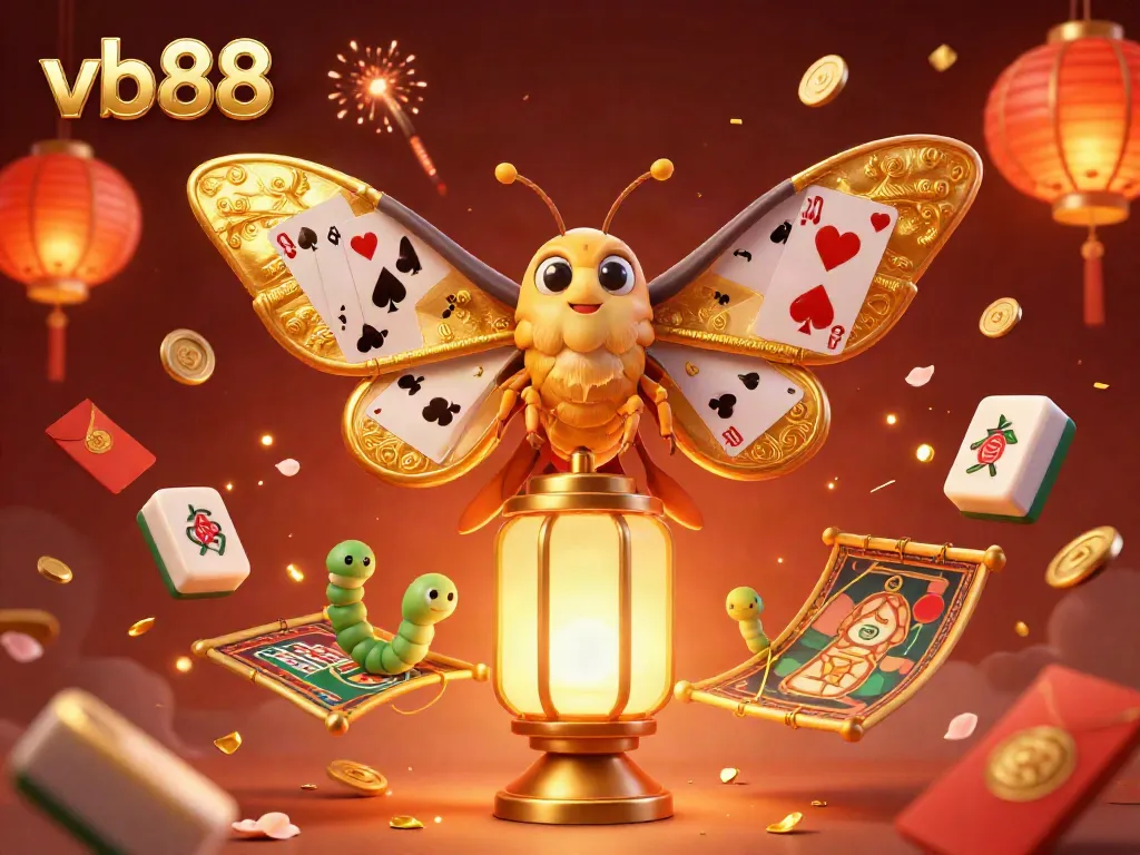 Experience the excitement of winning with vb88's 3D casino illustration featuring vibrant game elements and a majestic atlas moth.