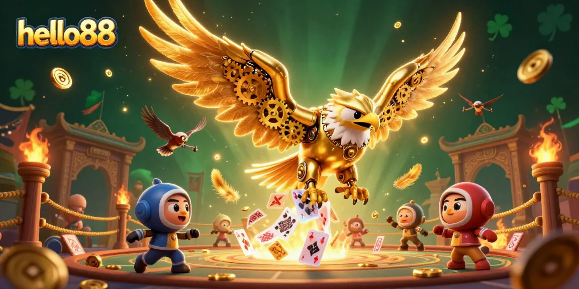 Win big at hello88 with a thrilling 3D casino experience featuring golden eagle and holographic cards.