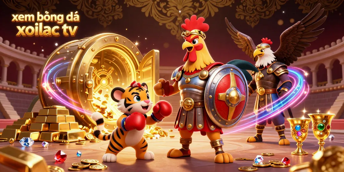 Engage with xem bóng đá xoilac tv in a vibrant 3D illustration featuring a gladiator rooster and treasures.