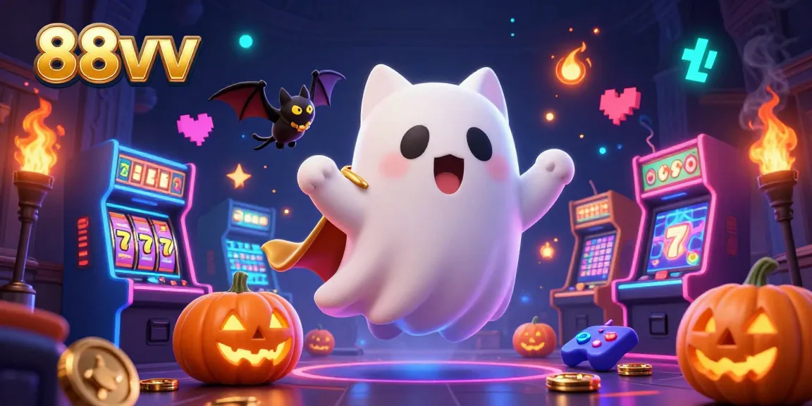 Join the fun at 88vv's haunted casino with a ghost cat, bat companion, and glowing jackpot!