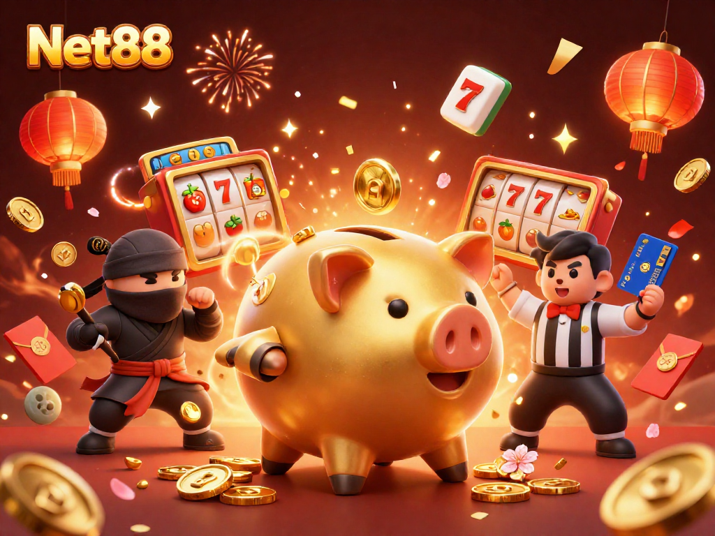 Engaging 3D illustration of Net88 featuring dynamic casino elements, a piggy bank sumo wrestler, and fireworks.