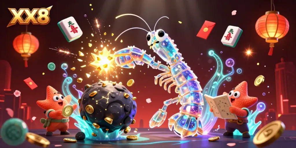 Join the thrilling world of XX8 with a dynamic scene full of golden gems and festive elements.