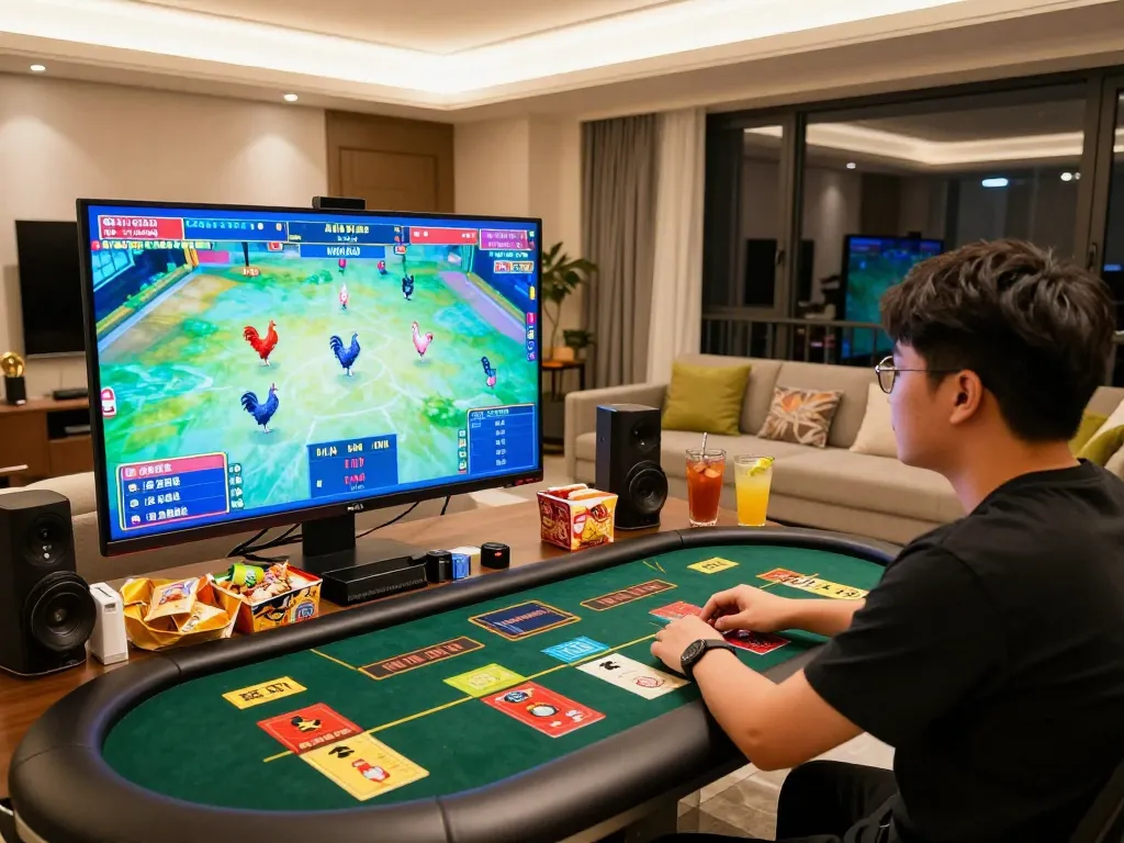 Enjoy live đá gà streamed on a large screen showcasing an engaging online gambling atmosphere with vibrant decor.