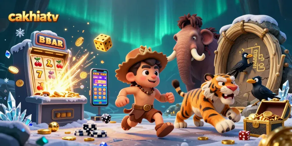 Cakhiatv captures thrilling casino action with caveman and tiger duo in a vibrant prehistoric setting