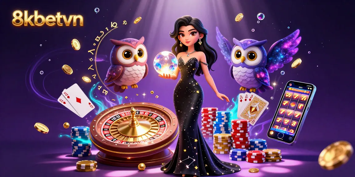 Experience the thrill of 8kbetvn with a captivating casino illustration of a woman and an owl amidst dazzling game elements.