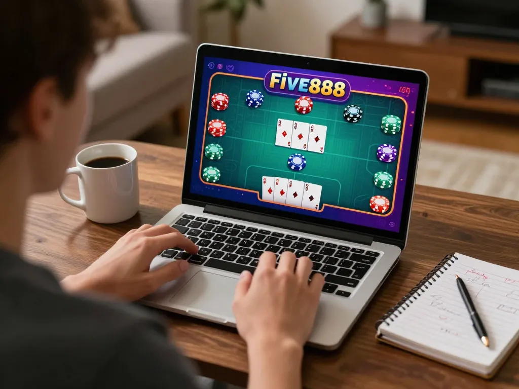 Player enjoying five888 online poker game in cozy home setting with engaging atmosphere and strategic notes.