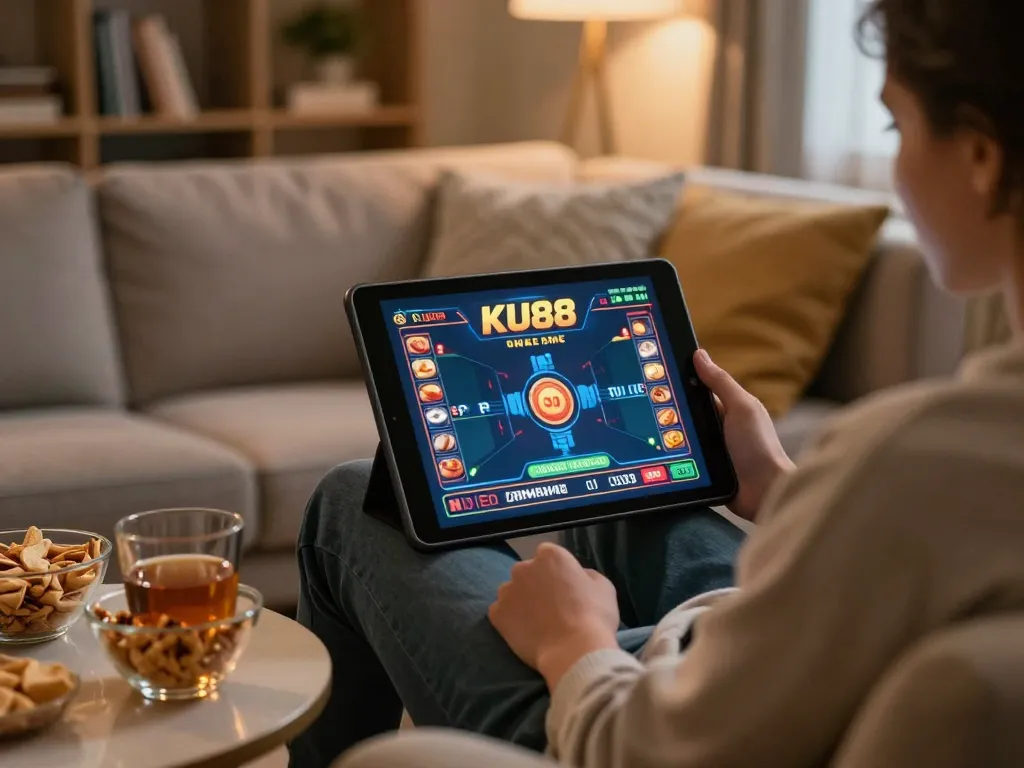 Engaging with the KU88 online casino on a tablet, showcasing a dynamic gaming interface and cozy atmosphere.