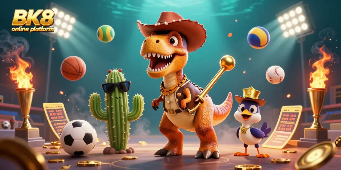 Engage with the BK8 online platform through a dynamic scene featuring a cowboy dinosaur, cactus, and a roadrunner.