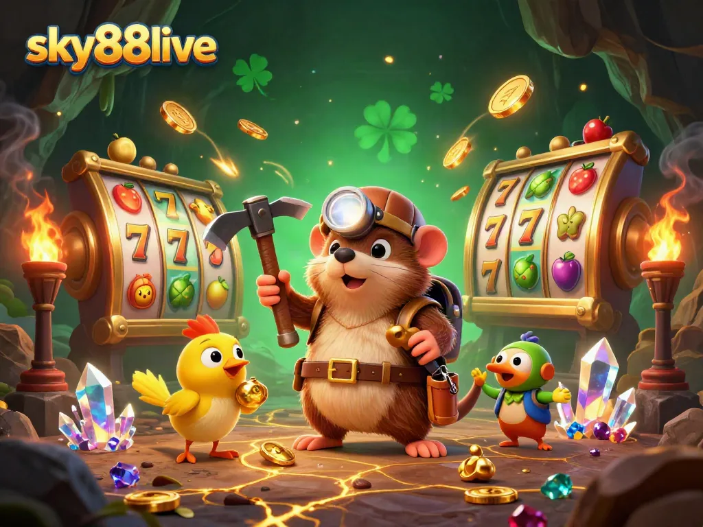 Experience thrilling gameplay at sky88live with a vibrant treasure-hunting mole and golden slots.