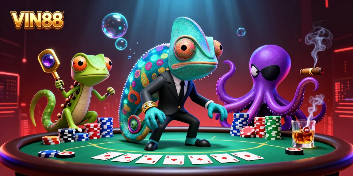 Experience excitement at VIN88 with characters and poker elements in a vibrant casino scene.