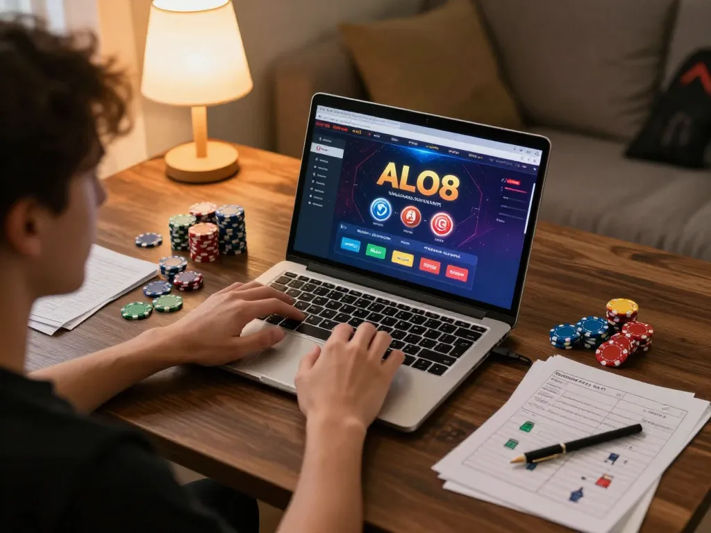 Person engaging with the ALO8 online casino platform on a laptop, showcasing a focused gambling environment.