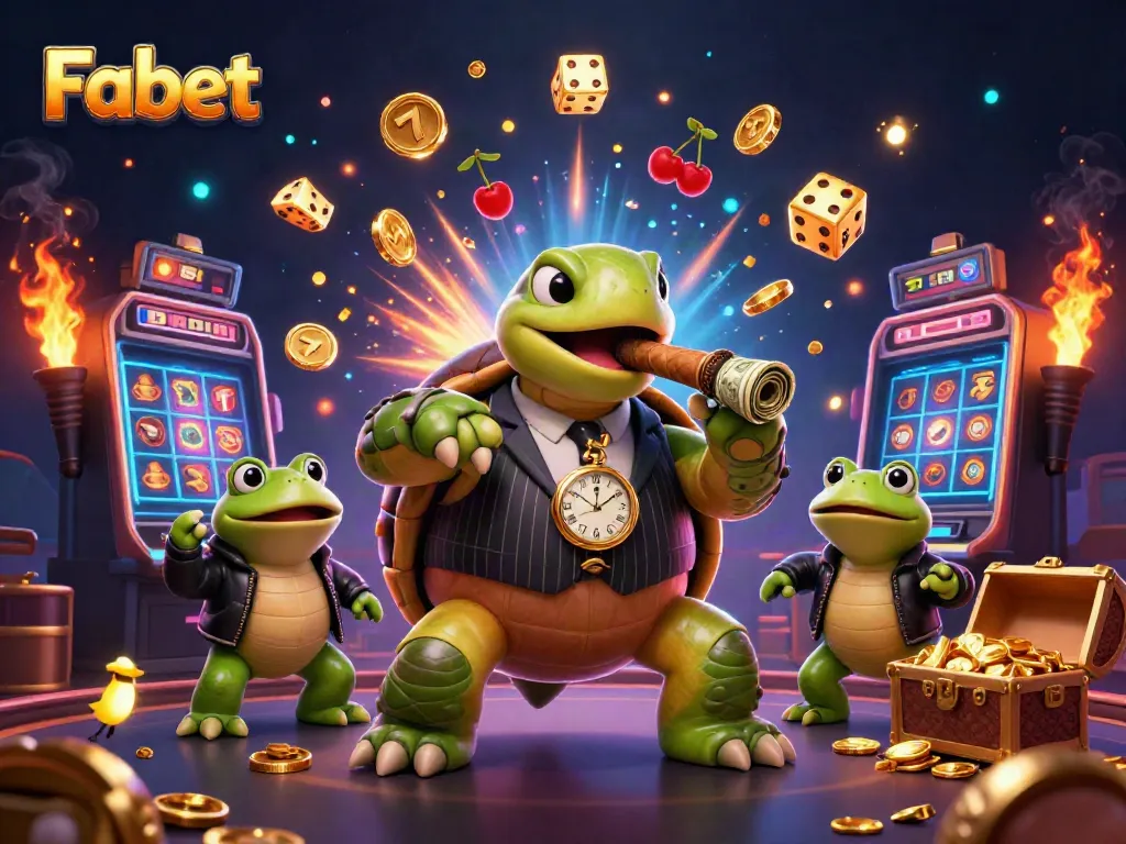 The Fabet experience comes alive with a dynamic scene of a cartoon turtle in a mobster suit and frog enforcers in a bustling casino setting.