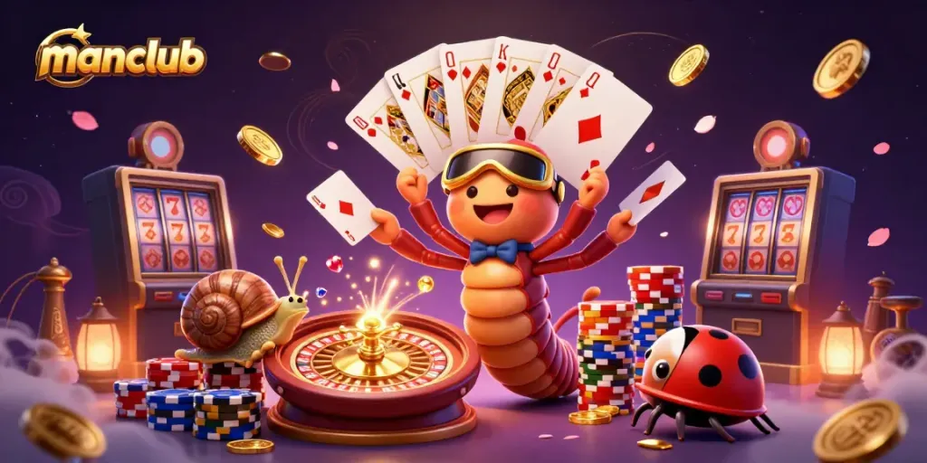 Experience the excitement of manclub with a colorful casino scene featuring a millipede dealer, vibrant game elements, and bursting coins.