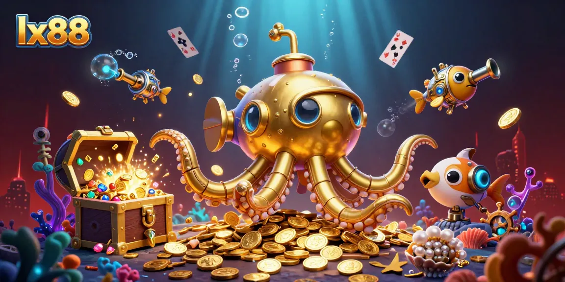Experience exciting gaming action with lx88's golden kraken submarine amidst a treasure-filled underwater scene.