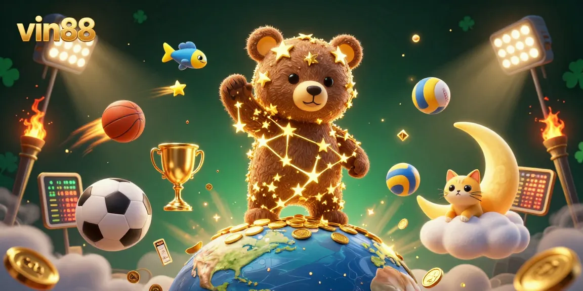 Experience thrilling moments with vin88 as the constellation bear captures coins, surrounded by dynamic sports elements.