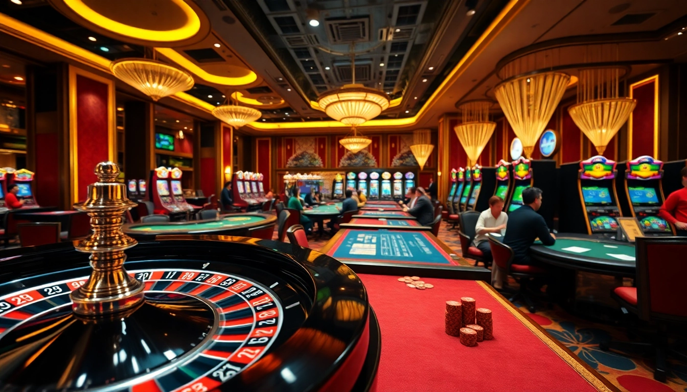 Players enjoying high-stakes games at a casino featuring s8 apk, vibrant slot machines, and roulette wheels.