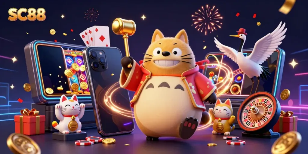 Win big at SC 88 with cheerful tanuki and lucky symbols celebrating in a vibrant casino scene.