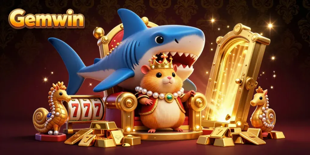 Experience Gemwin casino thrills with a hamster king on a shark throne, surrounded by riches and gaming excitement.