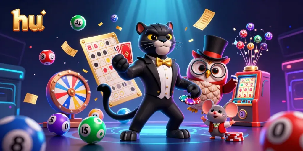 Engage in thrilling gameplay with hu’s vibrant casino scene of a tuxedo-wearing panther dealing cards.