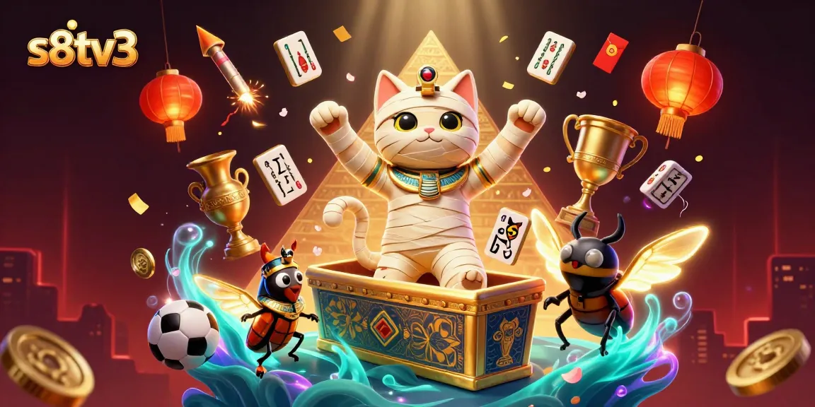 Experience thrilling betting action with s8tv3, featuring a dynamic scene of a mummy cat and sports elements.