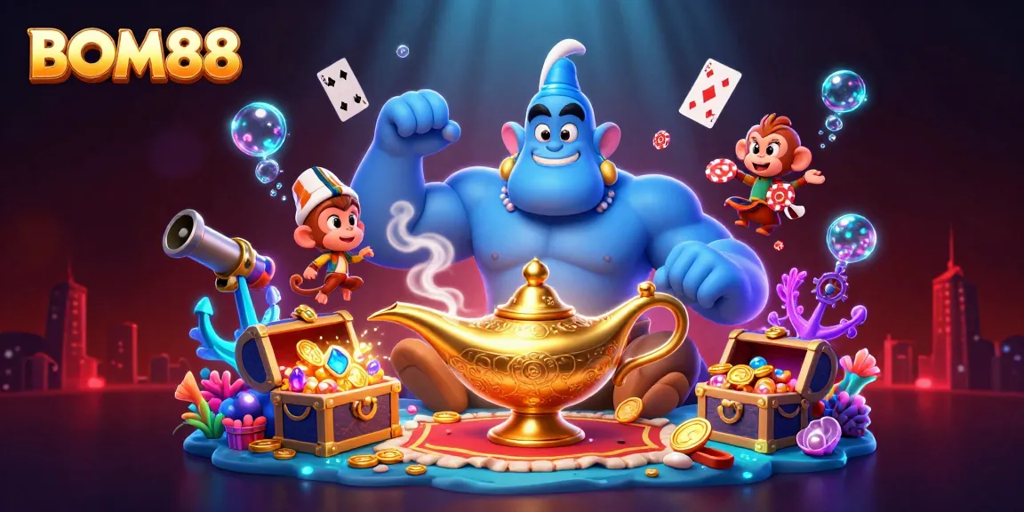 Experience action with BOM88 in a captivating 3D scene featuring a genie and magical elements.
