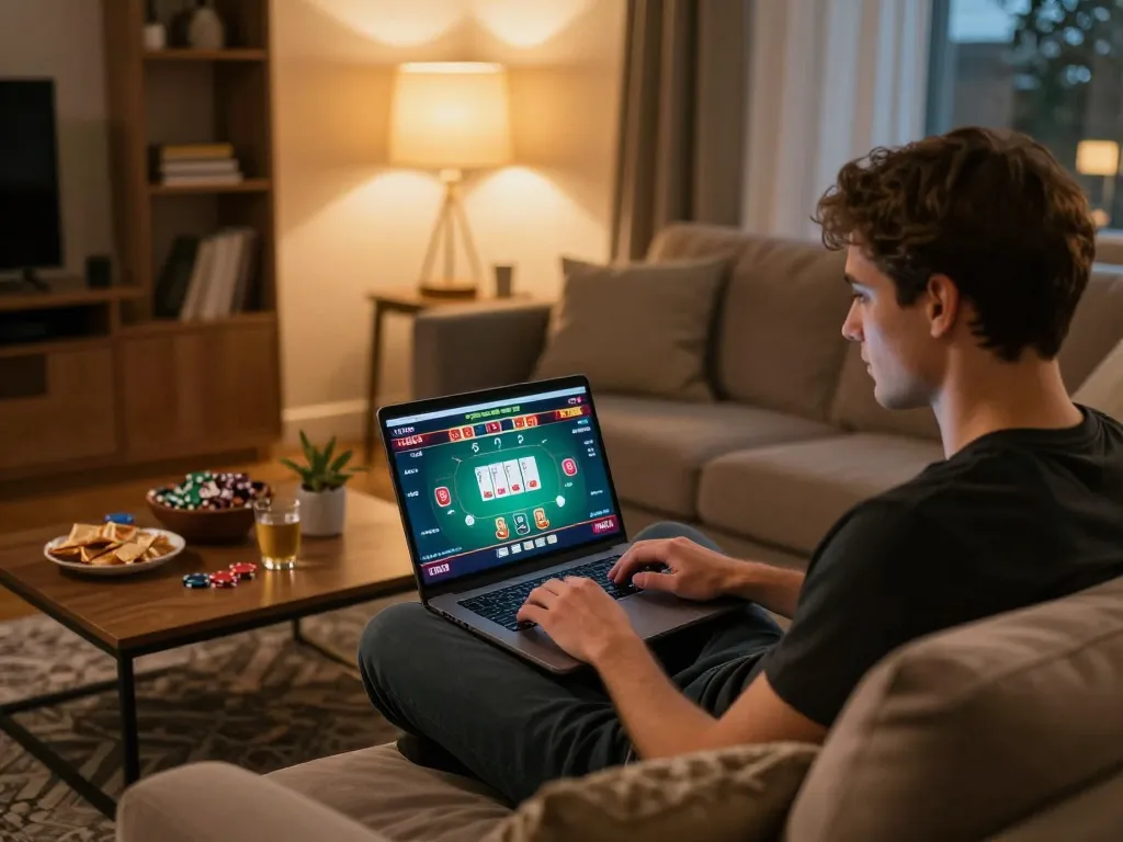 Engaged player enjoying 13 WIN online gaming experience, focused on poker screen in cozy setup.