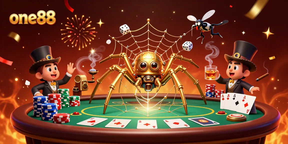 One88 unveils a thrilling scene with a steampunk spider catching dice in its web, surrounded by poker elements.