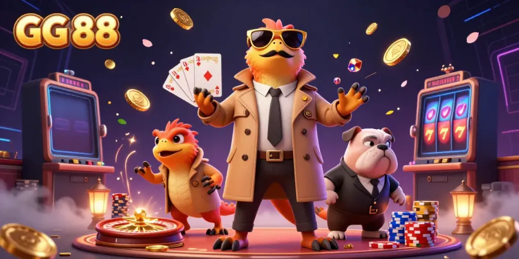 GG 88 three raptors humorously attempting to enter VIP casino lounge amidst gold coins and gems